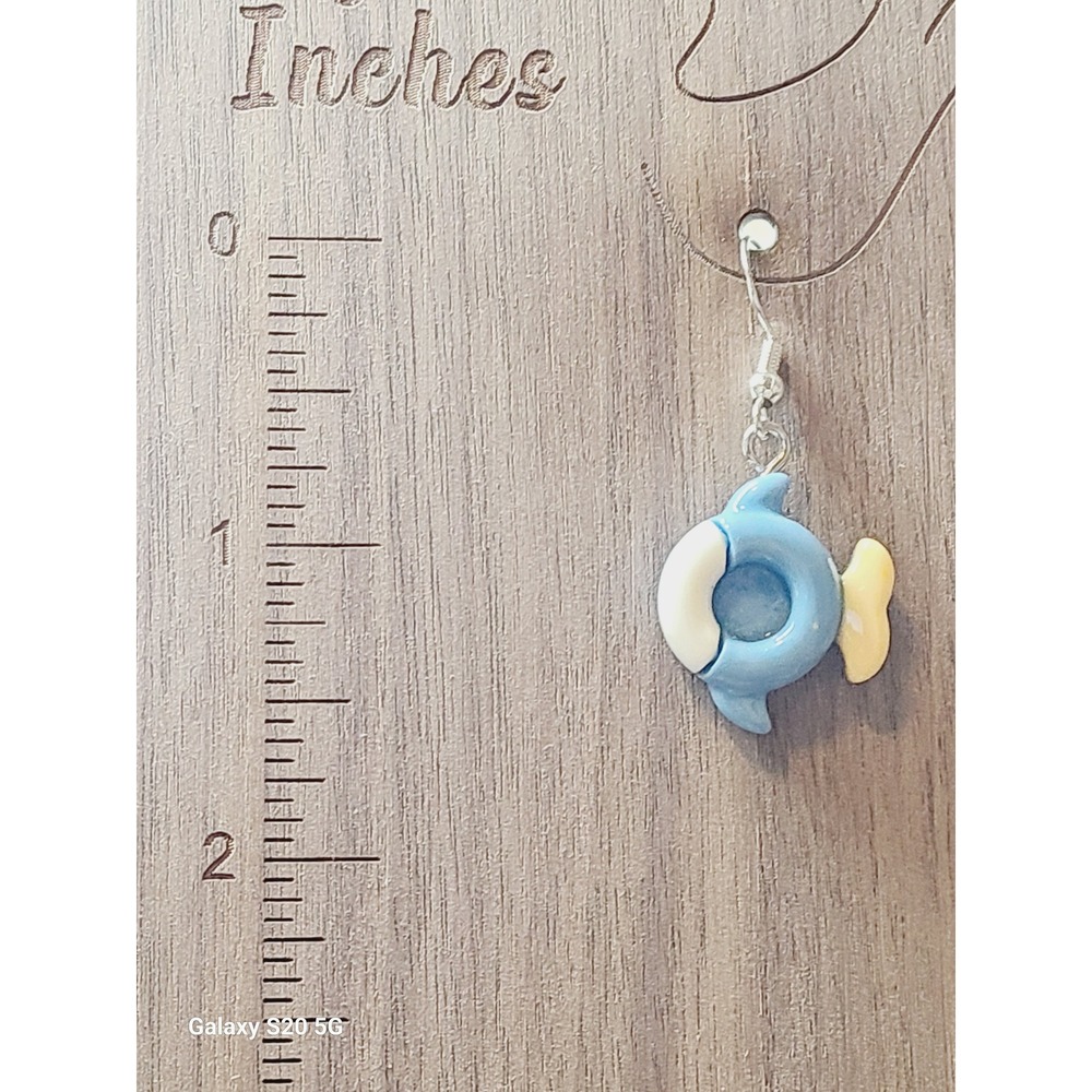 Blue Dolphin Life Ring Resin Drop Earrings Silver Tone Hooks Ocean Theme Kawaii - Picture 3 of 7